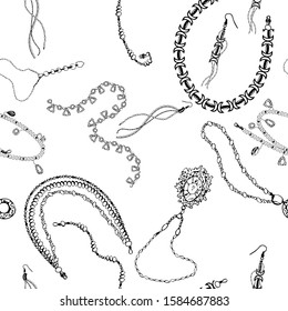 chains, earrings, bracelets, jewelry are drawn with ink. vector seamless pattern

