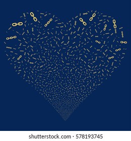 Chains fireworks with heart shape. Vector illustration style is flat yellow iconic symbols on a blue background. Object love heart made from scattered pictograms.
