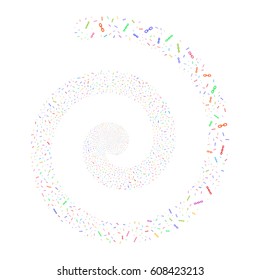 Chains fireworks whirl spiral. Vector illustration style is flat bright multicolored scattered symbols. Object swirl created from random icons.
