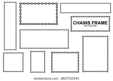 chains frame set vector. Ideal for heavy metal album art, symbolizing industrial security borders, steel link locks, dark gothic badges, and robust protective enclosures.