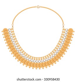 Chains and gemstones golden metallic necklace with round pendants. Personal fashion accessory design. Indian style.