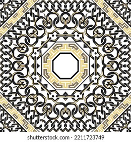 Chains. Greek golden frames, mandalas and chains seamless pattern. Traditional ornamental tribal ethnic vector background. Repeat backdrop. Greek key meander, chains. Trendy luxury ornaments on white.