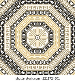 Chains. Greek golden frames, mandalas and chains seamless pattern. Traditional ornamental tribal ethnic vector background. Repeat backdrop. Greek key meander, chains. Hexagon ornaments on white.