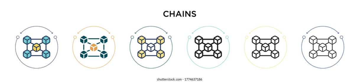 Chains icon in filled, thin line, outline and stroke style. Vector illustration of two colored and black chains vector icons designs can be used for mobile, ui, web