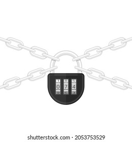 Chains Link With Combination Lock. Padlock And Metal Chain Icon. Concept Of Protection Or Security. Vector Illustration In Flat Style. EPS 10.