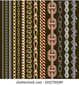 Chains link elements vector seamless metal chain-parts set isolated on background. Gold and silver metal chains link seamless elements