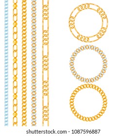 Chains link strength connection vector seamless pattern of metal linked parts and iron equipment protection strong sign shiny design background.