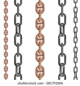 Chains link strength connection vector seamless pattern of metal linked parts and iron equipment protection strong sign shiny design background.