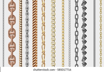 Chains link strength connection vector seamless pattern of metal linked parts and iron equipment protection strong sign shiny design background.