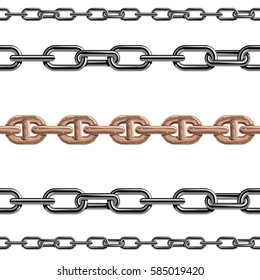 Chains link strength connection vector seamless pattern of metal linked parts and iron equipment protection strong sign shiny design background.