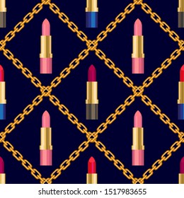 Chains and Lipsticks Background. Seamless vector pattern with isolated cosmetic elements. Template for gift wrappings, cards, scarfs and dresses. On black.