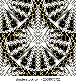 Chains mandalas tiled seamless pattern. Vector ornamental tribal ethnic style background. Lacy radial floral ornament with chains, necklace, zigzag. Decorative design. Abstract colorful flower.