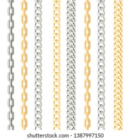 Chains metal vertical seamless pattern on white background. Gold and silver jewelry. Vector illustration in cartoon flat style.