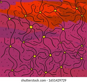 Chains of nerve cells with processes on a scarlet background. Between them there are many small particles.
