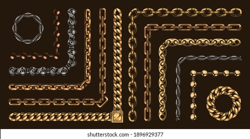 Chains pattern brushes colorful set in vintage style on dark background isolated vector illustration