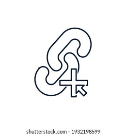 Chains, plus, cursor. Concept add  URL. Vector icon isolated on white background.