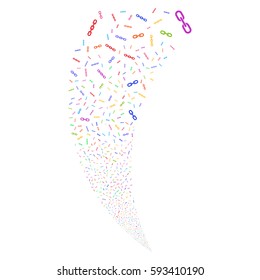 Chains random fireworks stream. Vector illustration style is flat bright multicolored iconic symbols on a white background. Object fountain created from scattered pictograms.