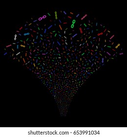 Chains salute stream. Vector illustration style is flat bright multicolored iconic symbols on a black background. Object explosion fountain done from random icons.