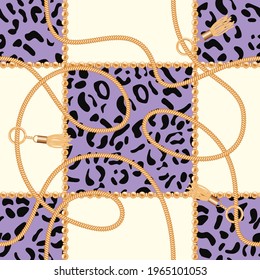 Chains seamless background with leopard skin pattern. Fashion jewelry print for textile, scarf, cravat design. Vector illustration