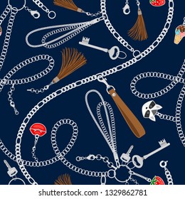 Chains seamless pattern. Fashion silver chain, key and leather belts repeated vector, jewelry accessories repeating fabric design