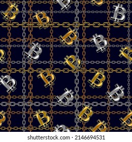 Chains tartan seamless pattern with metal chains and shiny bitcoin symbols on a dark blue background. Vector illustration