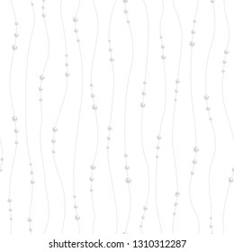 Chains of white pearls forming an ornament. Realistic strands of white pearls, decorative element for cards, wedding invitations. Threads of pearls. Repeating Pearl necklace. Seamless pattern