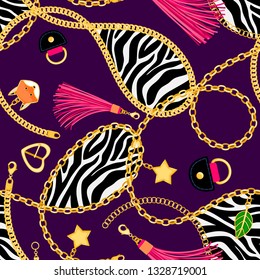 Chains zebra pattern. Luxury safari chained tuileries elegant shiny accessories tile, fashion metal buckles and leather tassels repeat, vector illustration