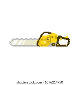 Chainsaw in 8 bit game style. Pixel color vector illustration isolated on white background