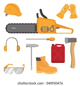 Chainsaw and accessories flat style set. Vector illustration