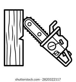 chainsaw in action cutting wood block, industrial tool for logging and woodworking