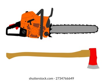 Chainsaw and ax vector illustration isolated on white. Hard industry job equipment for strong man. Professional machine against traditional lumberjack tool. Woodcutter saw. Wood forester cutter axe.