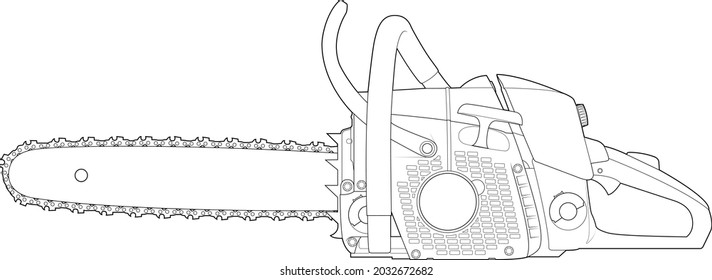 chainsaw black and white style. linear drawing, isolated