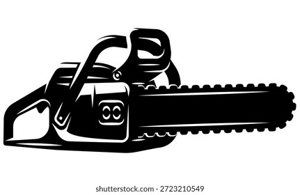 Ilustración vectorial en blanco y negro de motosierra para la industria de tala y xilografía con diseño moderno y aspecto potente.