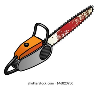 A chainsaw with blood spatters.