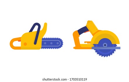 Chainsaw and circular saw icons on white