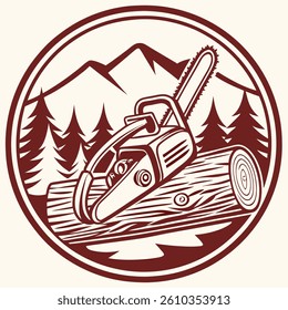 Chainsaw cutting wood with mountain and forest background vector illustration for business