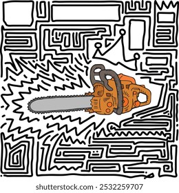 Chainsaw with doodle around, and crown on top, hand drawn outline illustration. Hand tool with motor made for cutting wood and logs powered by gas pen drawing logo with doodle lines. Work tool sign.