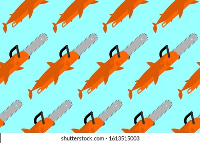 Chainsaw Fish pattern seamless. Funny fish tool background. vector texture