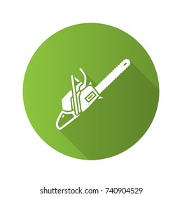 Chainsaw flat design long shadow glyph icon. Petrol-driven power chainsaw. Vector silhouette illustration