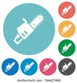 Chainsaw flat white icons on round color backgrounds