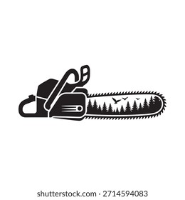 Motosierra con diseño de paisaje forestal una llamativa ilustración en blanco y negro
