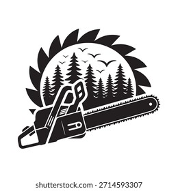 Motosierra con el fondo del bosque y de la luna en un diseño de ilustración de registro vintage