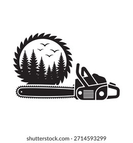 Motosierra con escena forestal incorporada en el diseño de la hoja de sierra