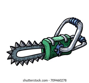 Chainsaw hand drawn image. Original colorful artwork, comic childish style drawing.