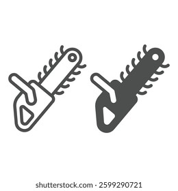 Chainsaw with hand handle line and solid icon, forest industry concept. Vector graphics. Wood work equipment, wood sawing sign on white background, outline style icon for mobile or web design