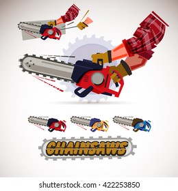 Chainsaw holding by male arms . hand pulling sling to start engine. set of chainsaws with typographic design- vector illustration