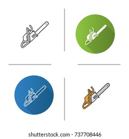 Chainsaw icon. Flat design, linear and color styles. Petrol-driven power chainsaw. Isolated vector illustrations