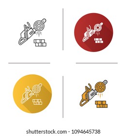 Chainsaw icon. Logging. Petrol-driven power chainsaw. Flat design, linear and color styles. Isolated vector illustrations