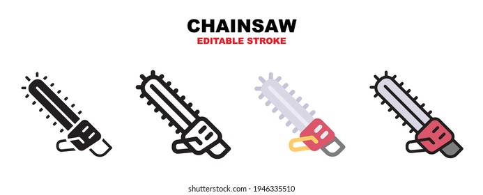 Chainsaw icon set with different styles. Icons designed in filled, outline, flat, glyph and line colored. Editable stroke and pixel perfect. Can be used for web, mobile, ui and more.