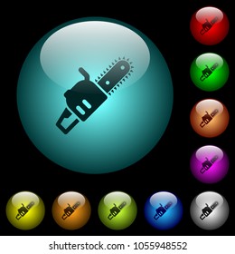 Chainsaw icons in color illuminated spherical glass buttons on black background. Can be used to black or dark templates